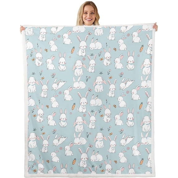Freedom Rabbit Blanket Cute Easter Rabbit Carrot Throw Blanket for Boys Girls Kawaii Animal Bunny Blue Fleece Blanket Spring Flowers Sherpa Blanket 40"x50"