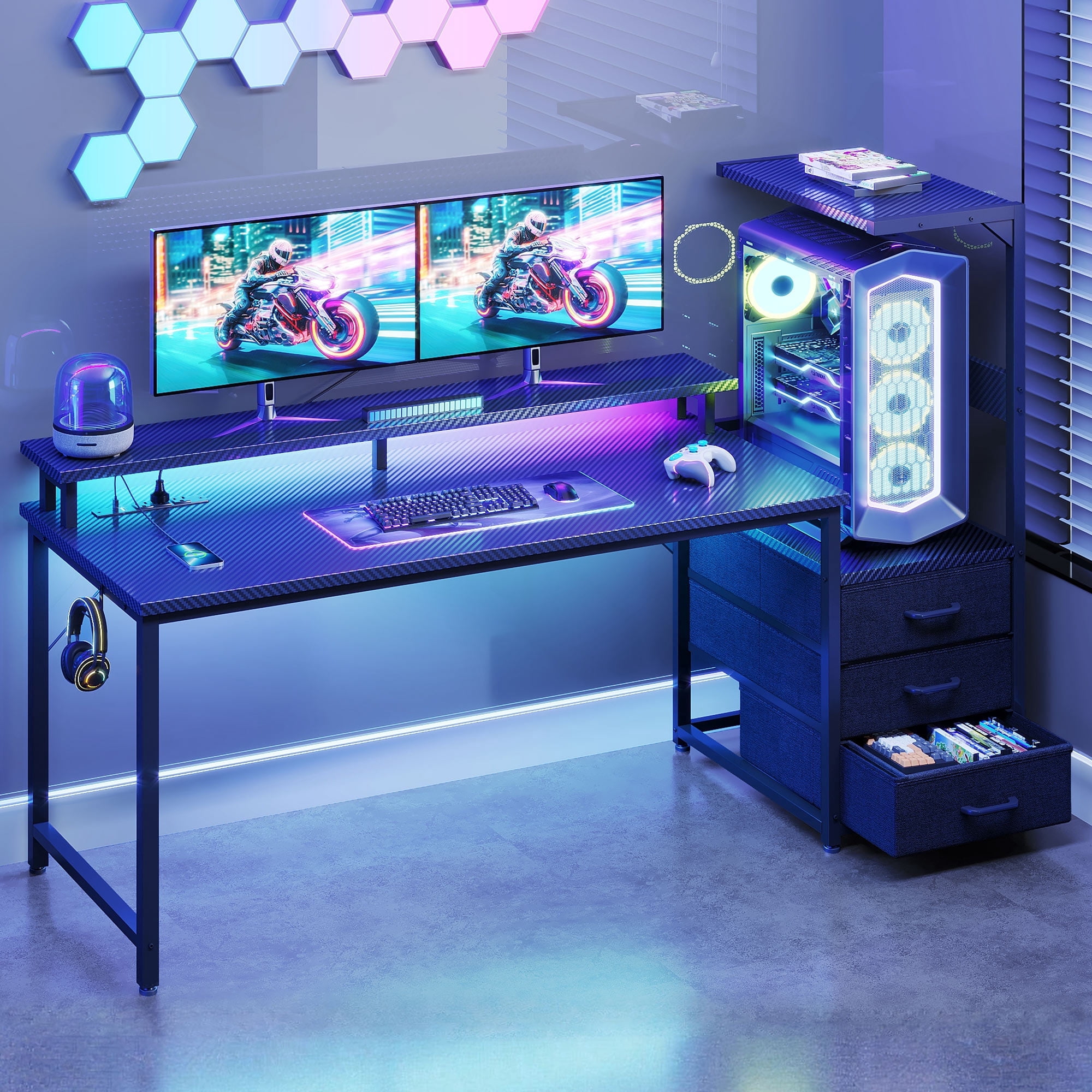 59" Gaming Desk with LED Lights & Reversible Storage Drawer, LED Gamer Desk for Home and Office, Computer Office Desk with with Headphone Hook, Carbon Fiber Black