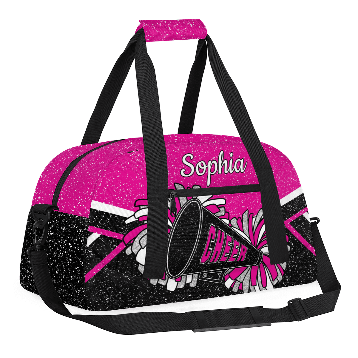 Jiaoprinted Personalized Cheer Bag for Women, Custom Sport Duffel Bag with Name, Customized Gym Bag, Weekender Overnight Bag, Cheerleading Gifts, Pink Black
