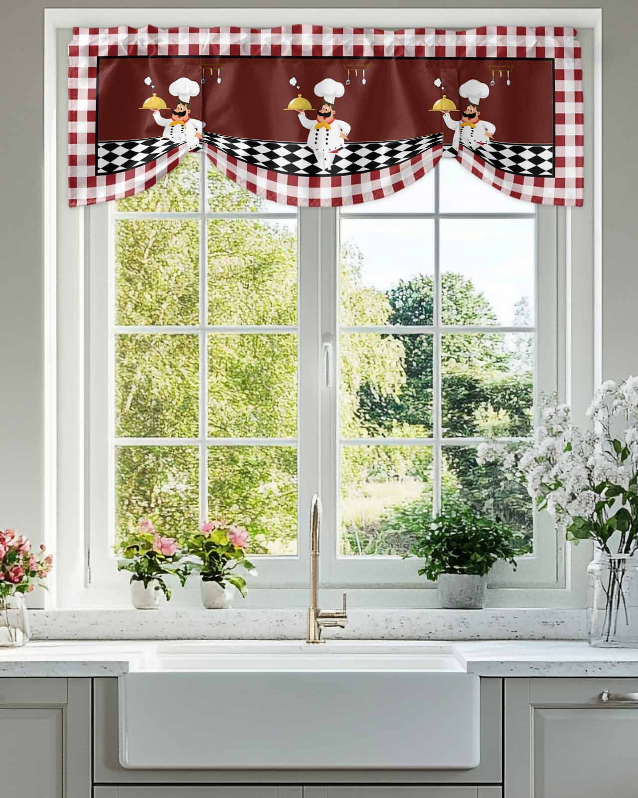 Chef Gourmet Tie Up Valances Curtain, Adjustable Kitchen Red Plaid Kitchen Vintage Farmhouse Valances for Windows Decor, Rod Pocket Short Curtains Set for Bedroom/Bathroom, 60"x18"