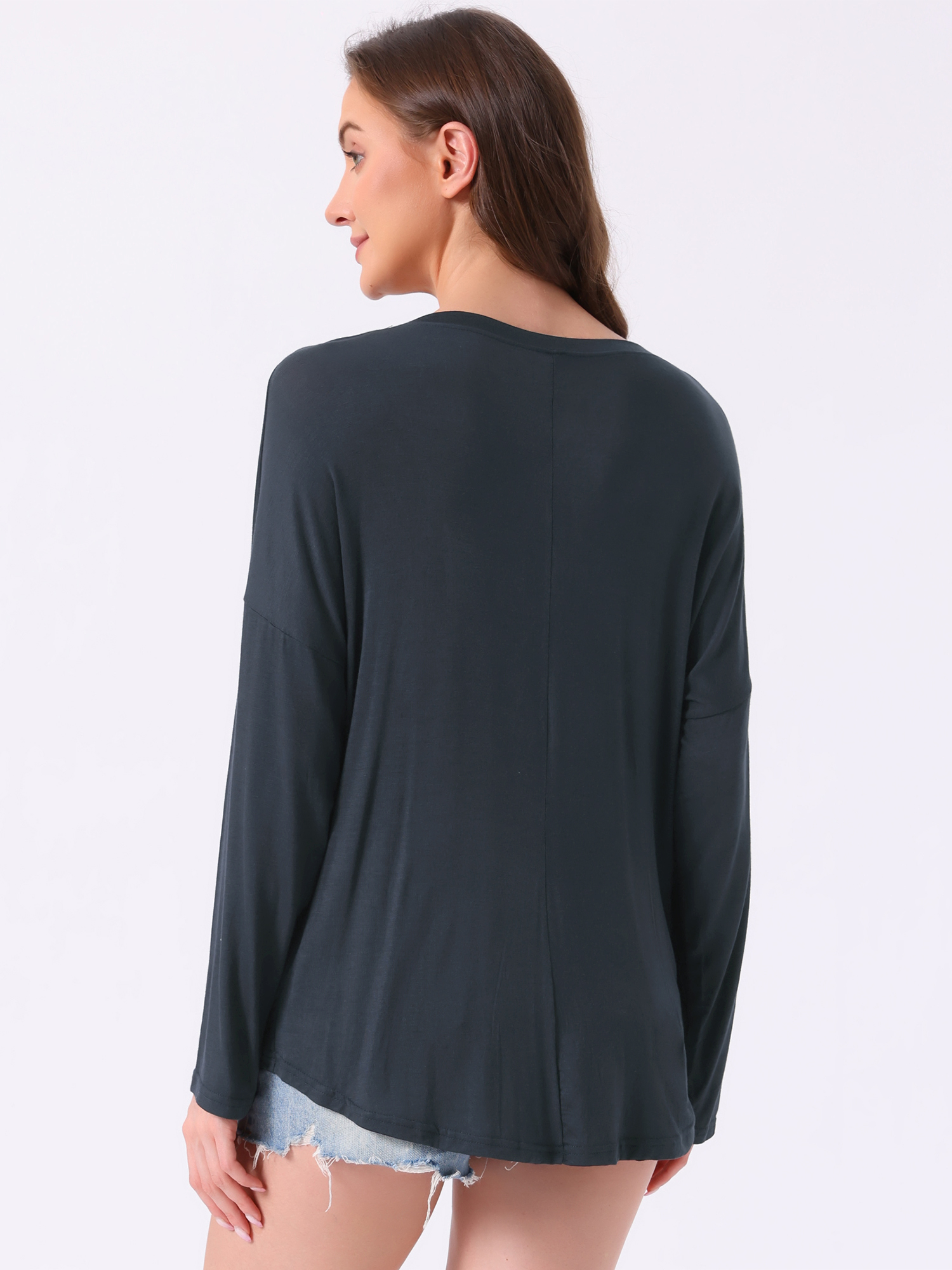 DARING DIVA Long Sleeve Oversized Round Neck Sleepwear Shirts S Blue