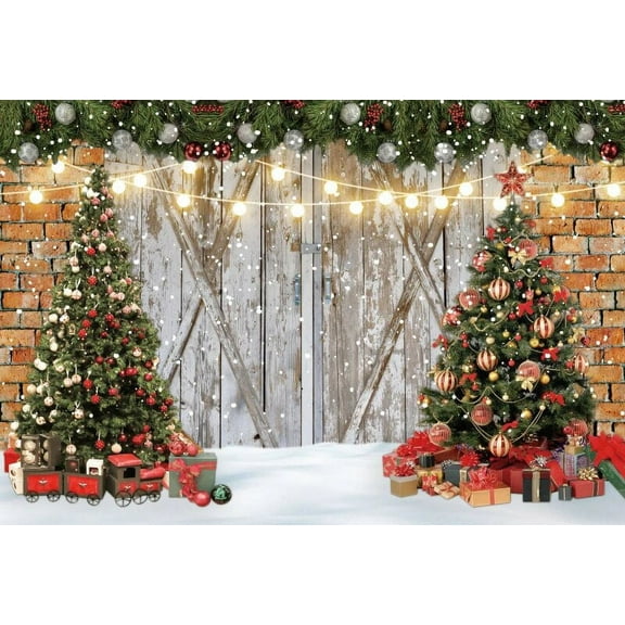 Christmas Wooden Barn Door Backdrop for Photography Red Brick Wall Xmas Tree Snow Gift Family Portrait Photo Background