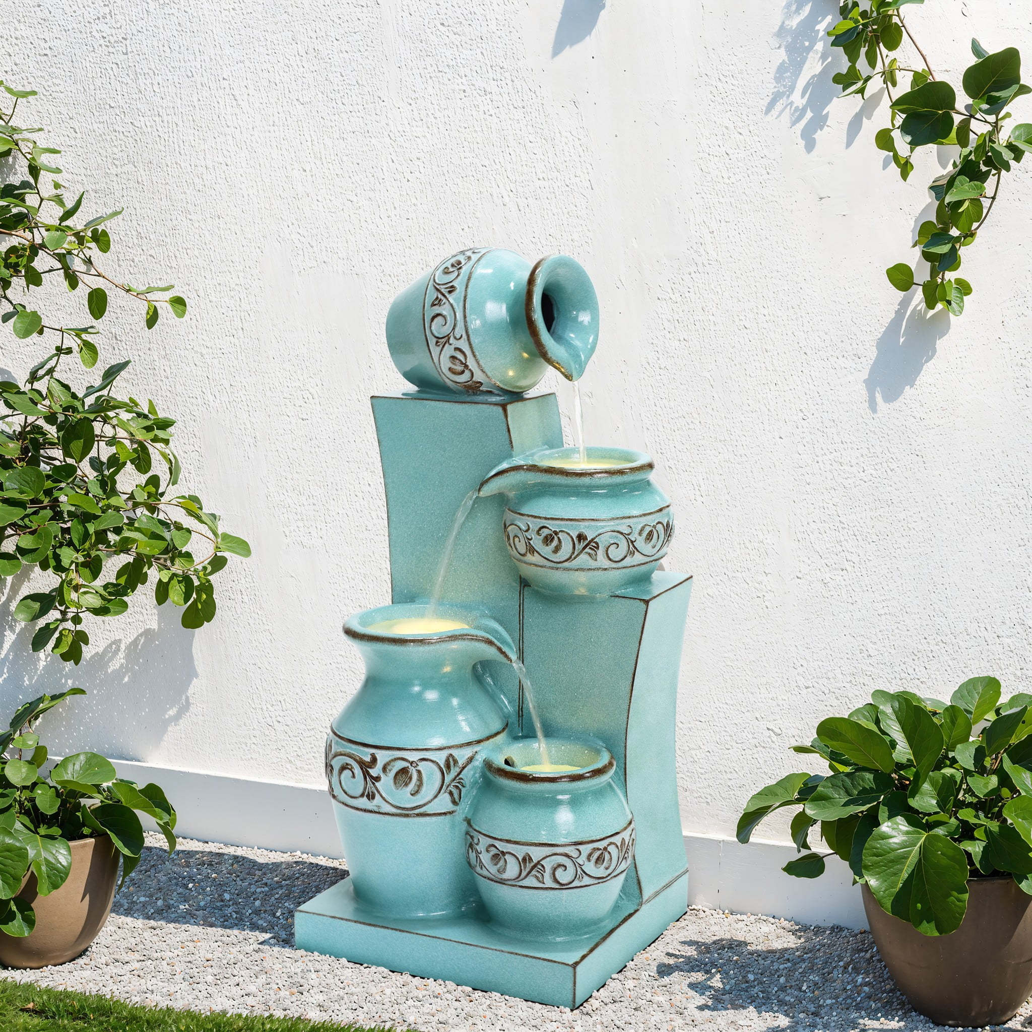 LuxenHome Light Blue 4-Tier Ornate Jugs 2.5-Feet Tall Outdoor Polyresin Fountain with Lights