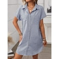 thumbnail image 3 of Shirt Dress Cotton Linen Short Sleeve Striped A Line Mid Length Casual Work Dress S-XL, 3 of 7