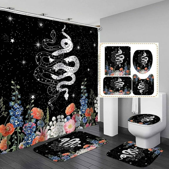 4PCS Celestial Shower Curtain Set, Gold Glitter Sun and Moon Phase Starry Sky Galaxy Constellation Tarot Witch Mystic Boho Bathroom Decor, Black Fabric Shower Curtain, Non-Slip Bath Mat, Moth