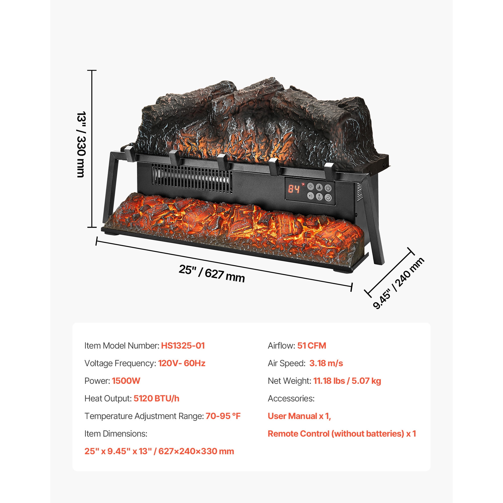 KFFKFF Electric Fireplace Log Heater, 25-Inch Insert with Crackling Sound, Remote Control, Adjustable Flame Brightness, Timer, Overheat Protection, and Thermostat for Home Decoration, Black