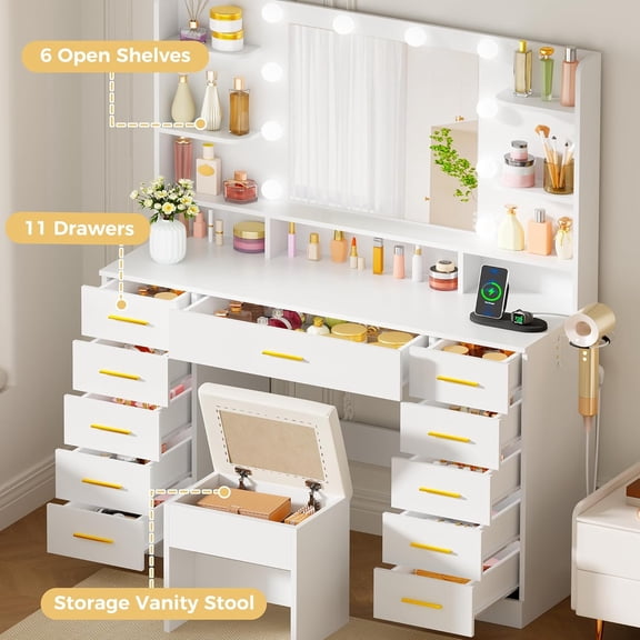 Vanity Desk with Mirror and Lights,Makeup Vanity Table with Power Outlet,3 Color Modes,White Vanity Set with 11 Drawers,6 Open Shelves and Storage Stool,Dressing Table for Bedroom FST50W