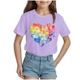 thumbnail image 1 of Nwiuh T-Shirts Graphiques Mignons avec Cœur pour Femmes, Manches Courtes, Col Ras du Cou, Coupe Régulière, Blouse, Adolescentes, Été, Décontracté, Basique, Hauts Tee (Violet, 9-10 Ans), 1 of 4