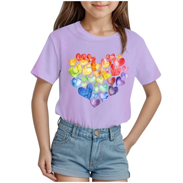 Nwiuh T-Shirts Graphiques Mignons avec Cœur pour Femmes, Manches Courtes, Col Ras du Cou, Coupe Régulière, Blouse, Adolescentes, Été, Décontracté, Basique, Hauts Tee (Violet, 9-10 Ans)