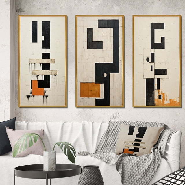Designart "Abstract Monochrome Minimalism New Order V" Modern Geometric Framed Wall Art Set Of 3 - Black Abstract Frame Gallery Wall Set For Home Decor