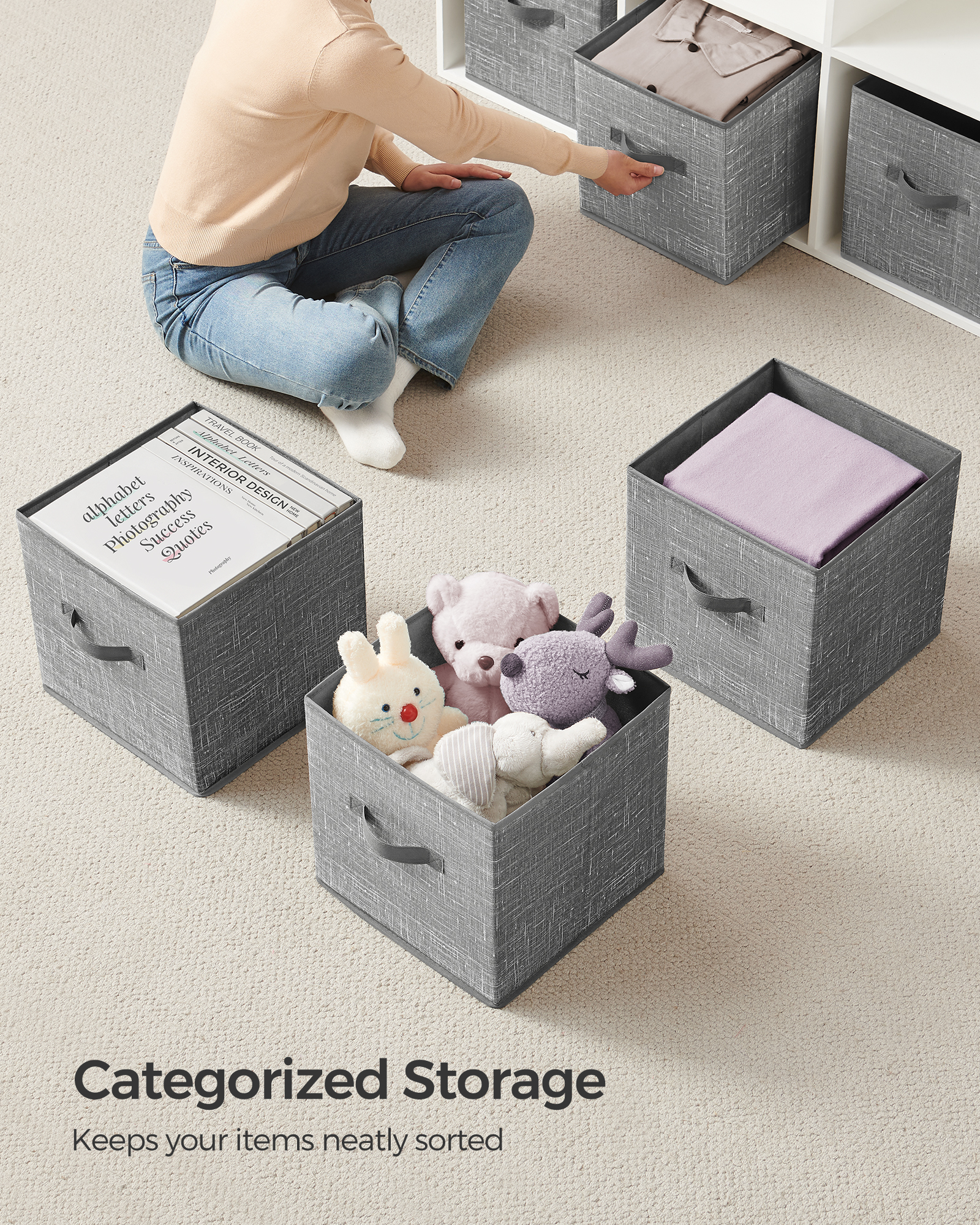 SONGMICS 8 Storage Cubes, 11.8" Non-Woven Fabric Bins with Double Handles Closet Organizers for Bedroom Living Room Cattail Gray
