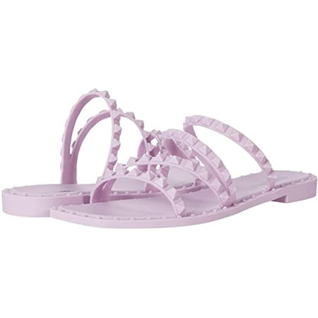 Steve Madden Skyler-J Lilac Leather Studded Strappy Slip On Square Toe Flat Sandal (5.5, Lilac)