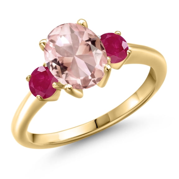 Gem Stone King 18K Yellow Gold Plated Silver Peach Nano Morganite and Red Ruby Engagement Ring for Women | 2.70 Cttw | Oval 9X7MM | Gemstone October Birthstone | Size 7