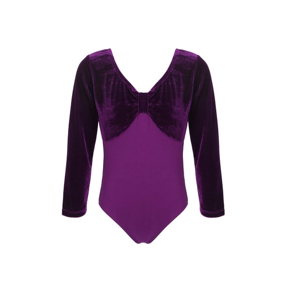 iiniim Kids Girls Classic Long Sleeves Leotard for Gymnastics Ballet Dance Velvet Splice Bodysuit Purple 120