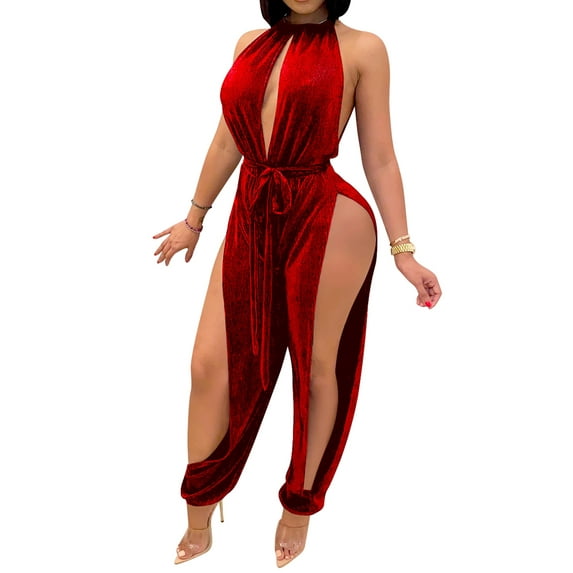 Women Sleeveless Jumpsuit Solid Color Halter Neck Bodysuit High Slits Home Wear One-piece Romper