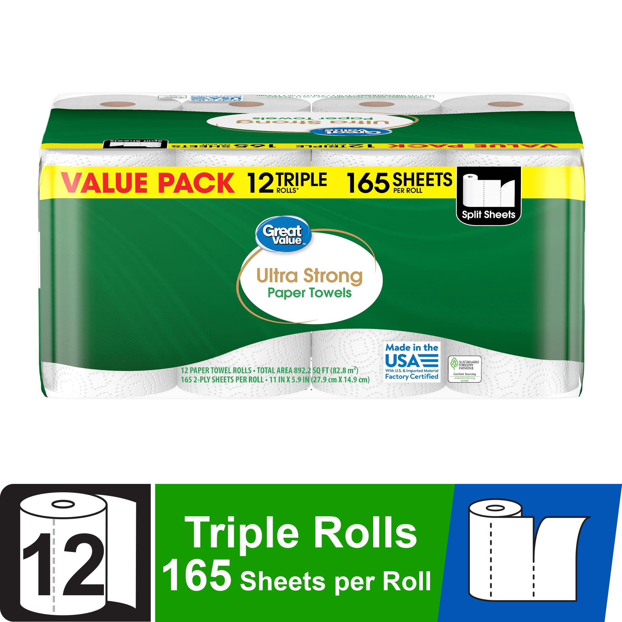 Great Value Ultra Strong Paper Towels, 12 Triple Rolls