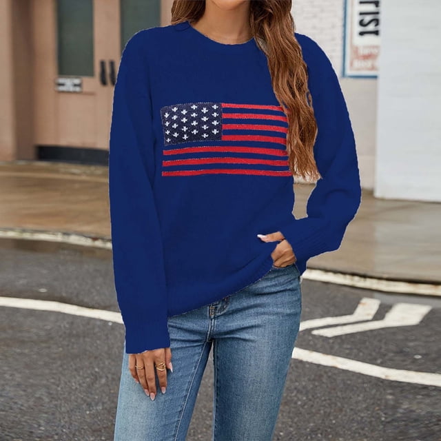 Suéter de cuello redondo para mujer, suéter holgado de invierno con estampado de bandera, suéter de manga larga con cuello redondo, tops de poliéster para mujer