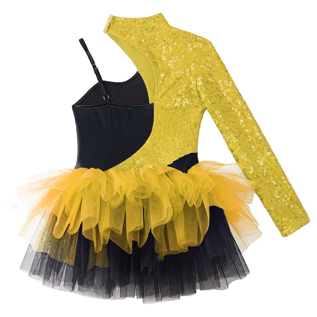 Sinleey Robe Justaucorps Ballet à Sequins pour Filles Manches Asymétriques Jazz Latin Moderne Salsa Rumba Samba Robe de Danse Or 6