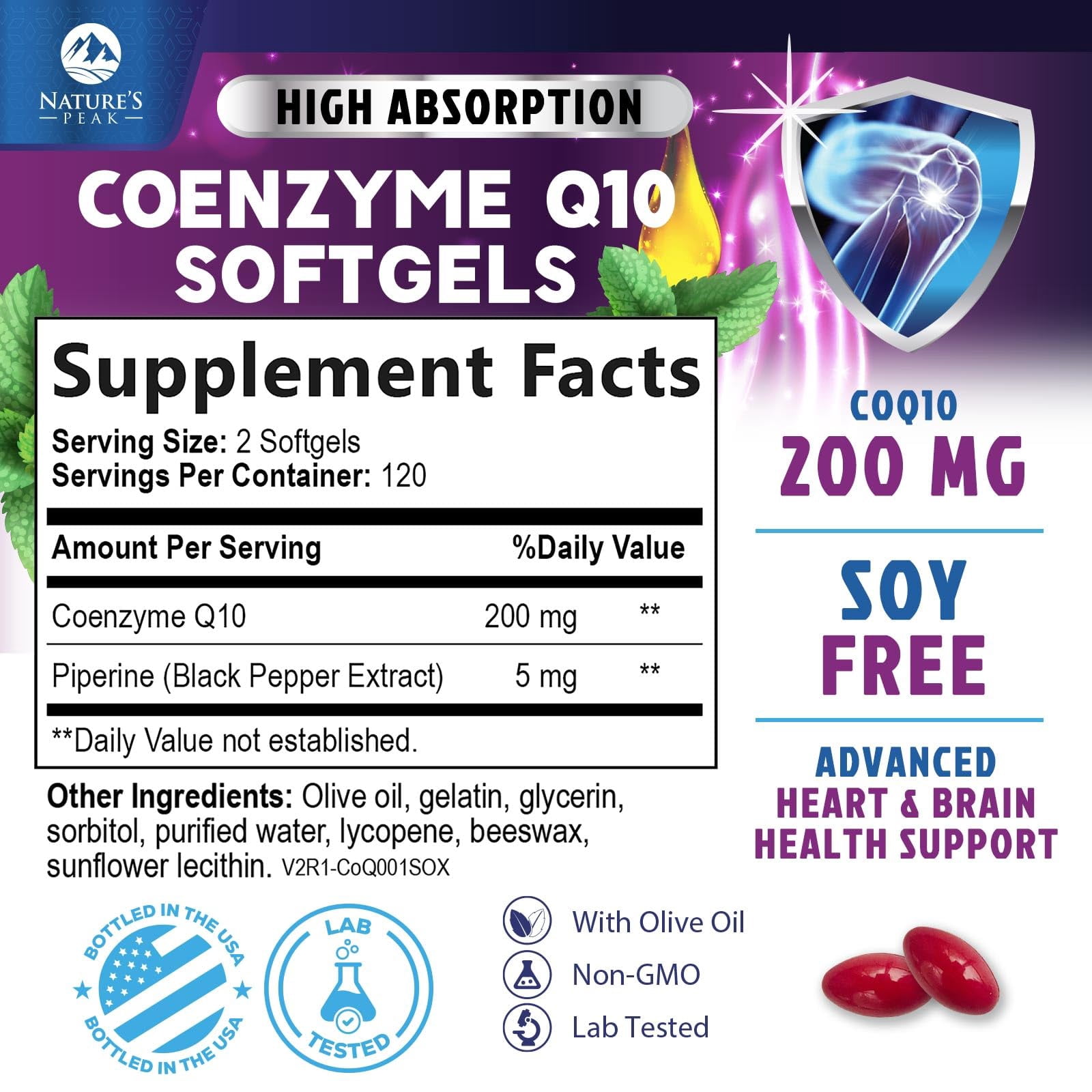CoQ10 Softgels - Ultra High Absorption Coenzyme Q10 200mg Per Serving - Co Q 10 Softgel Supplement With Black Pepper, Energy & Heart Support Antioxidant - for Women & Men, Bottled USA - 240 Softgels