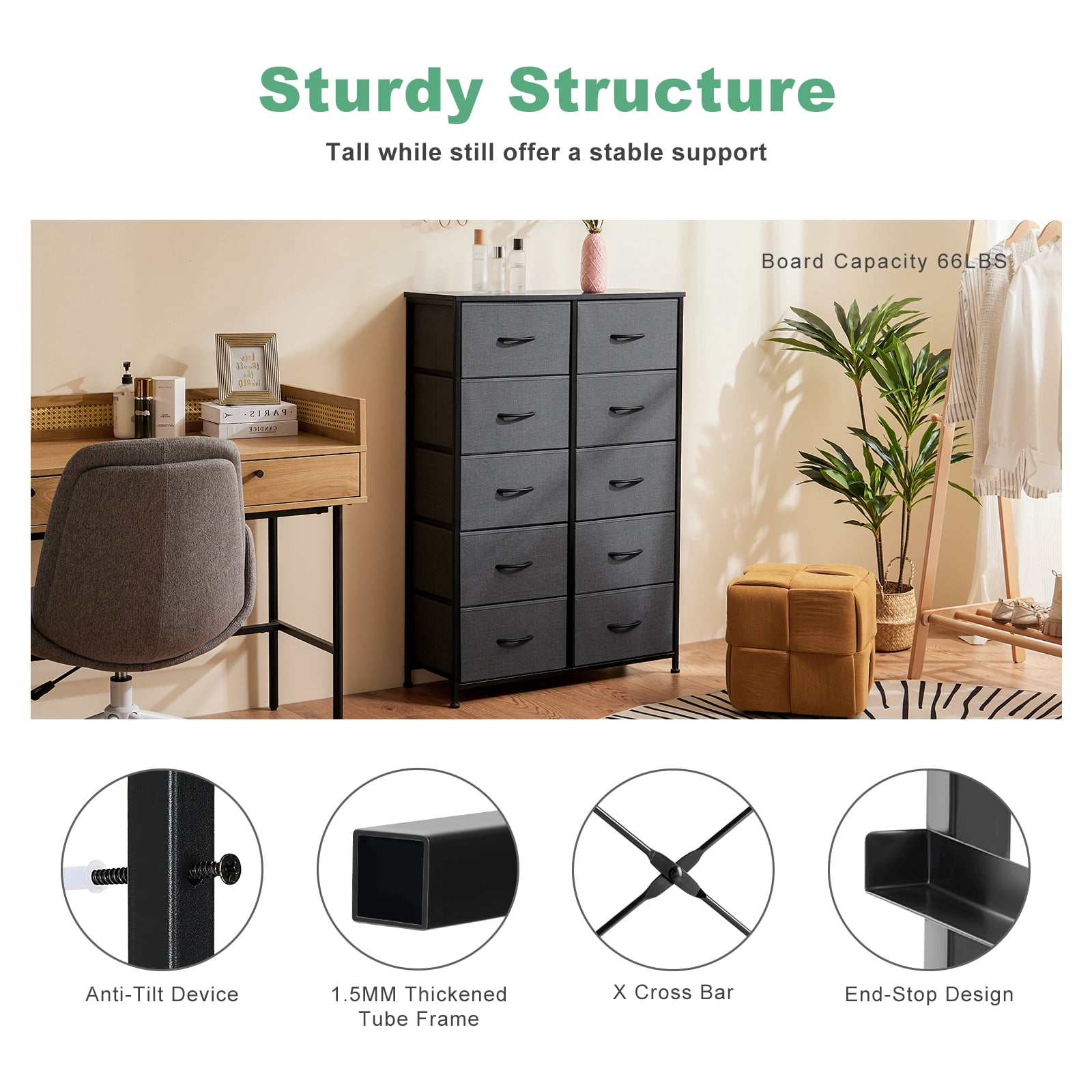 Aidoly Dresser for Bedroom, 10 Storage Drawers, Anti-Tip Tall Fabric Closet Chests Organizer Tower Furniture with Wooden Top Metal Frame for Living Room, Hallway, Entryway, Grey