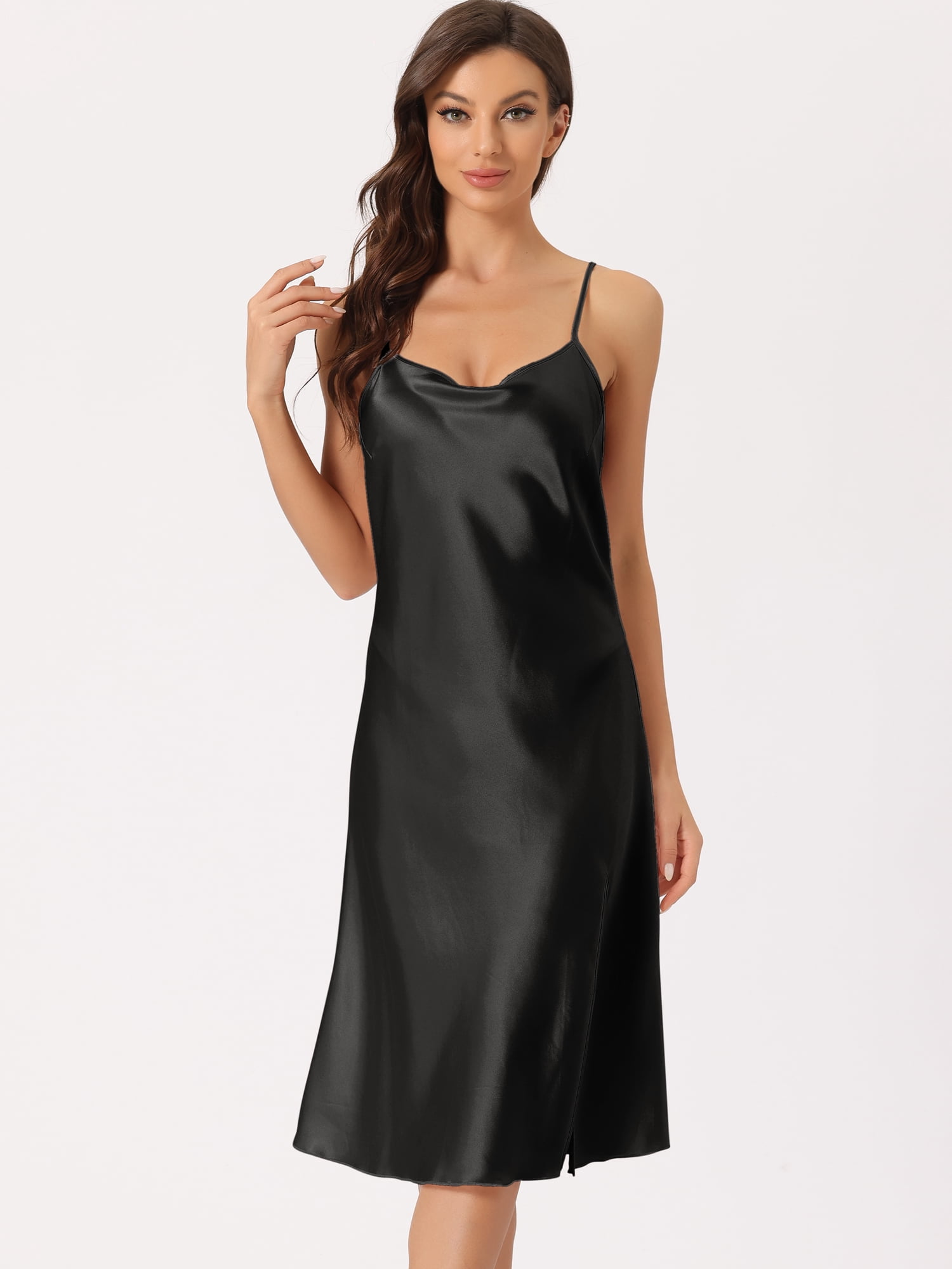 DARING DIVA Women's Satin Sleeveless Backless Slit Silky Midi Nightgown S Black