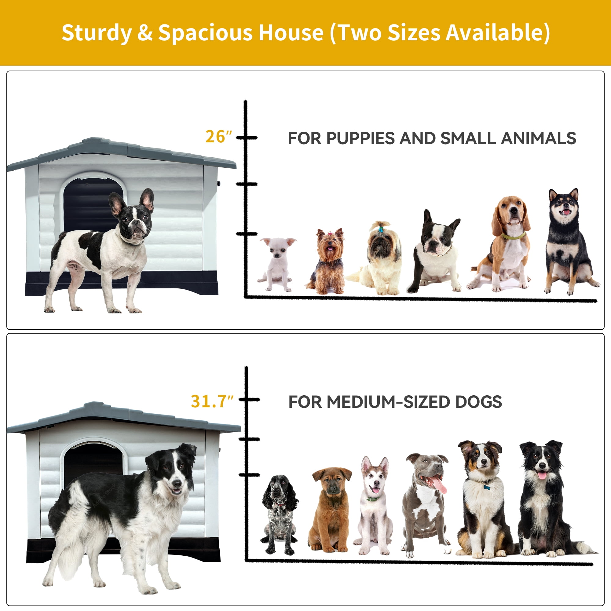 Dextrus Outdoor Large Plastic Dog house with Elevated Base, Water-Resistant 43.7" Large Double Door Dog House with Porch & Cushion Pet House for Small Medium Large Dogs, 43.7''L*33''W*31.6''H