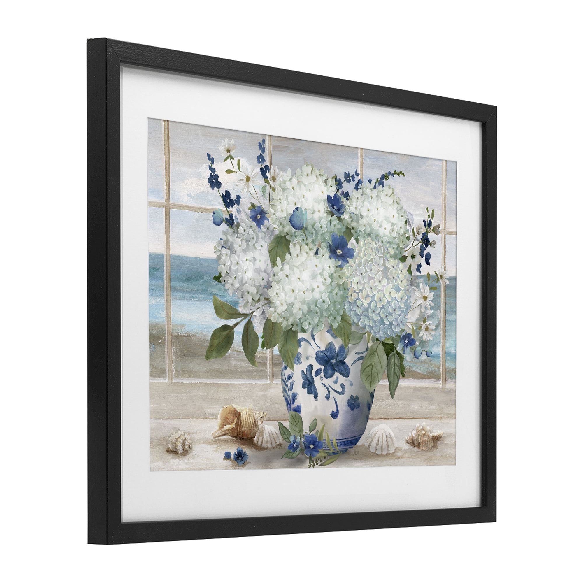 Stupell Industries Seaside Hydrangea Bouquet in Window Black Framed Print Under Glass, design by Nan