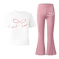 thumbnail image 5 of ZXLBBD Girls' Stylish Casual Outfit with Bow Print and Flared Leg Pants 2 Piece Toddler Comfy Loose Fit Daily Wear Clothes Sets,Light Pink,Size 5 Y-6 Y, 5 of 5