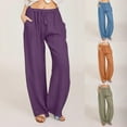 thumbnail image 4 of Women Summer Pants Elastic High Waist Wide Leg Cotton Linen Pant Lightweight Breathable Loose Casual Beach Vacation Trouser with Pocket, 4 of 5