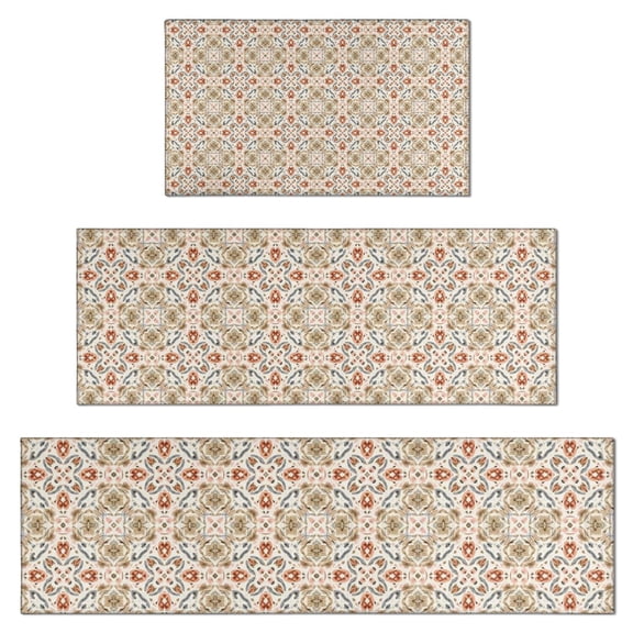 Beige Geometric Pattern Kitchen Rugs Sets Of 3,Kitchen Runner Rugs Non Skid Washable,Decorative Kitchen Floor Mats for Kitchen,Sink,Laundry,17"x30" 17"x47" 17"x59"