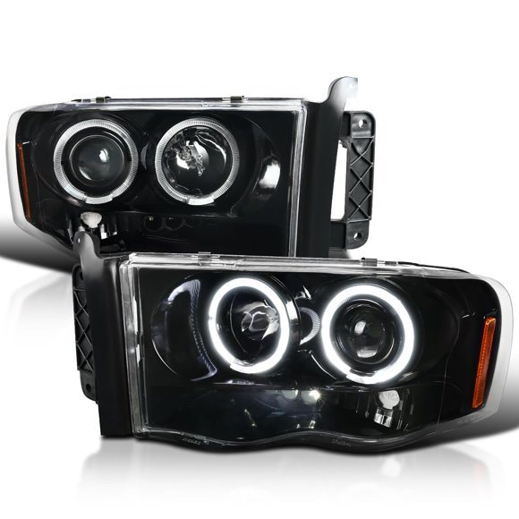 Spec-D Tuning Jet Black Halo Projector Headlights Compatible with 2002-2005 Dodge Ram 1500, 2003-2005 Dodge Ram 2500/3500, Left + Right Pair Headlamps Assembly