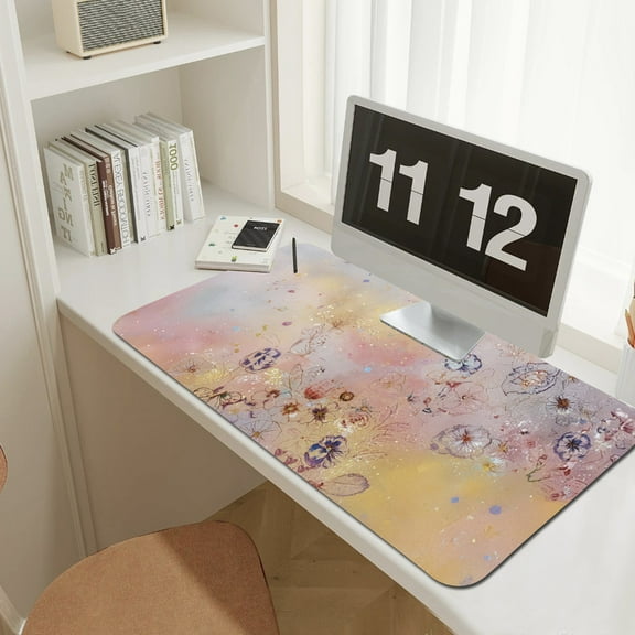 UPCEED Pink Flowers Mouse Pad Butterflies Mouse Pad 23.6"x 11.8" HD Printed Non-Slip Stitched Edges Desktop Mat