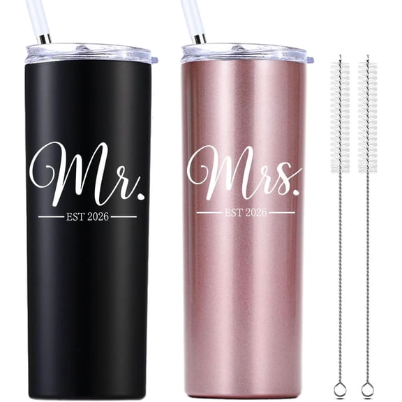 Mr and Mrs Est 2026 20 OZ Skinny Tumbler.Engagement Wedding Wife Husband Bride Groom Couple Gifts.Newlyweds Anniversary Bride To Be Newly Engaged Bridal Shower Gifts.(Black&Rose Gold)