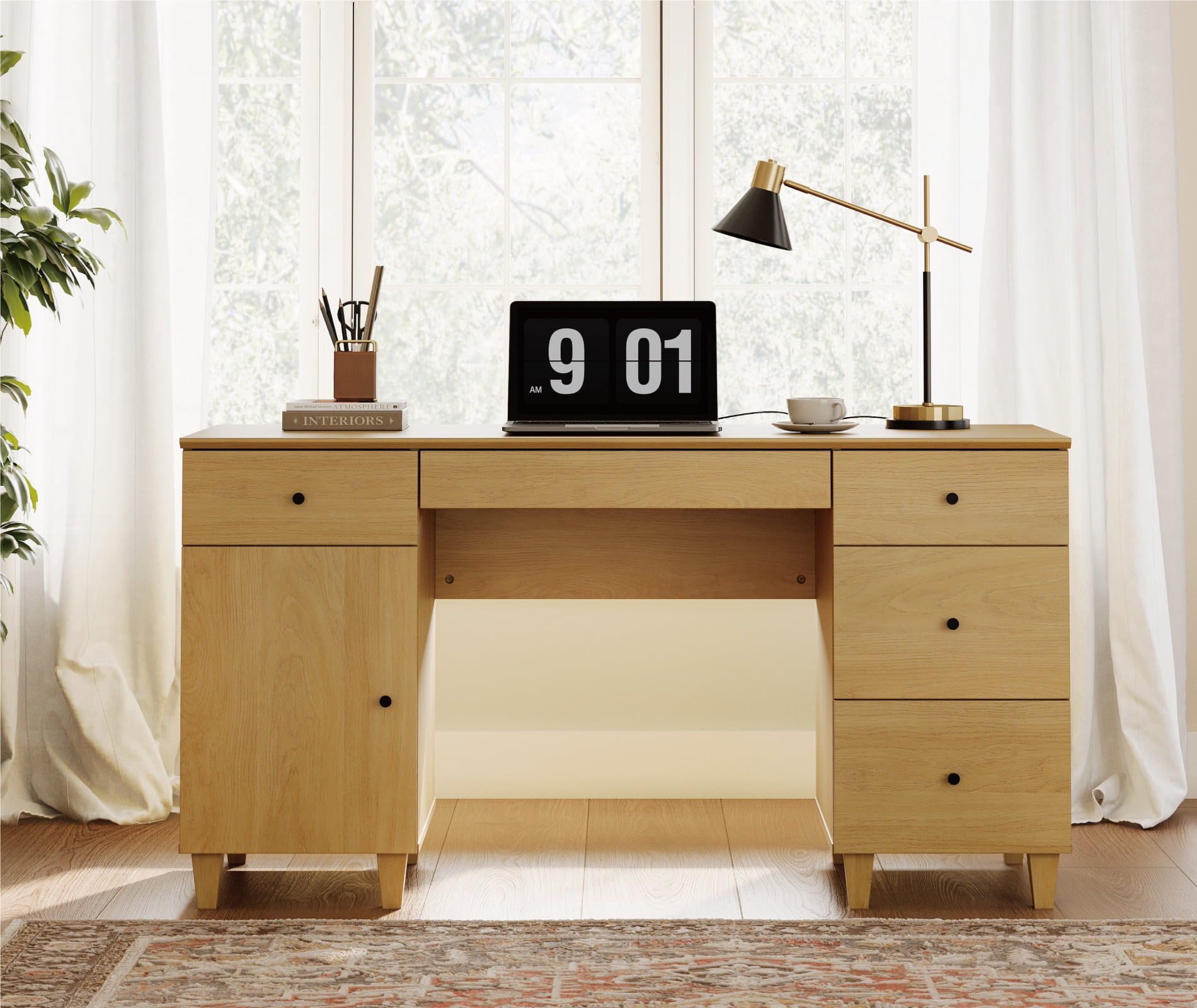 58" Executive Desk with 5 Drawers and 1 Door, Modern Farmhouse Home Office Computer Table with Charging Station, Oak