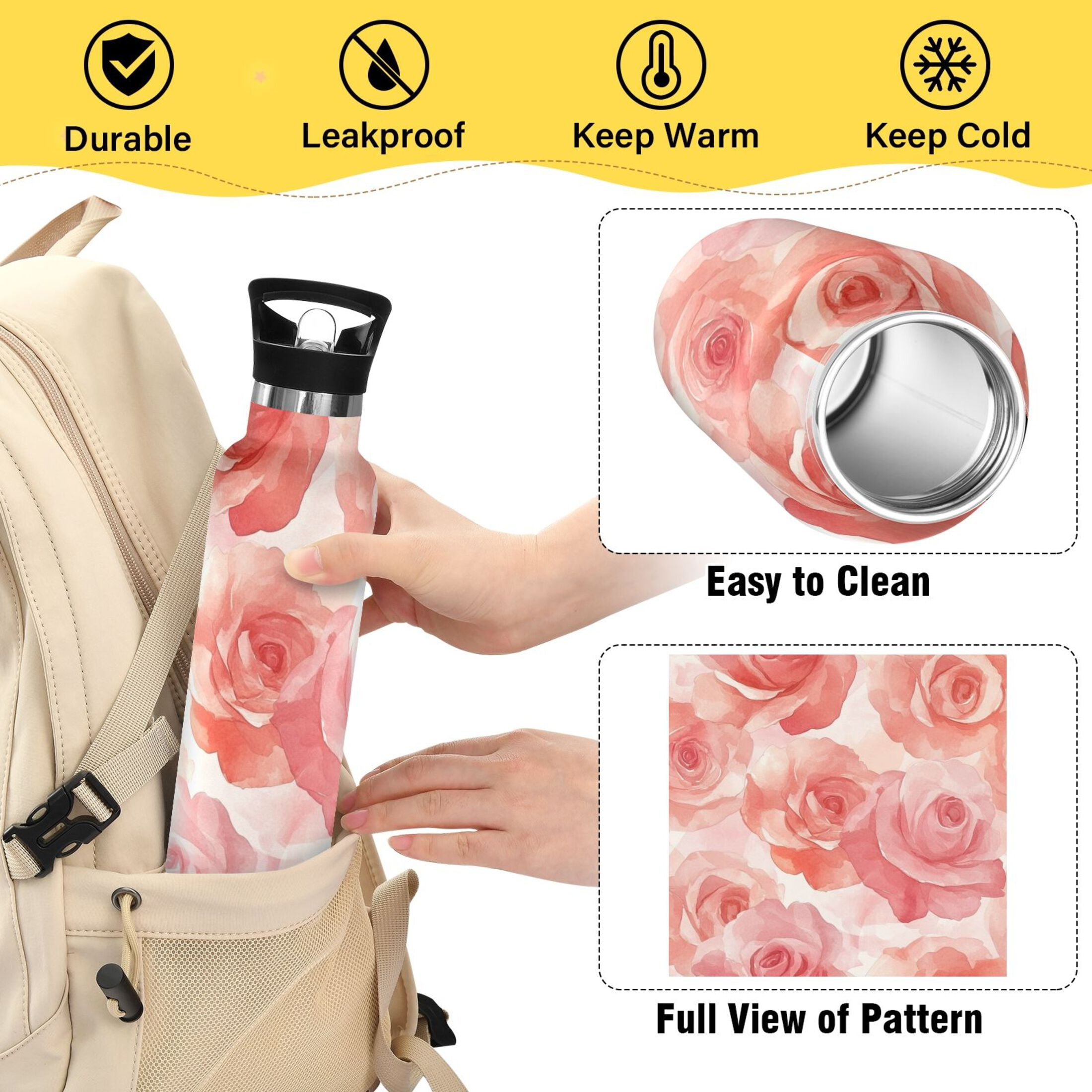 600ML Stainless Steel Insulated Cup Sports Water Bottle Portable Thermos Cup Water Glasses Insulated Tumblers Convenient and Durable Pink Roses Seamless