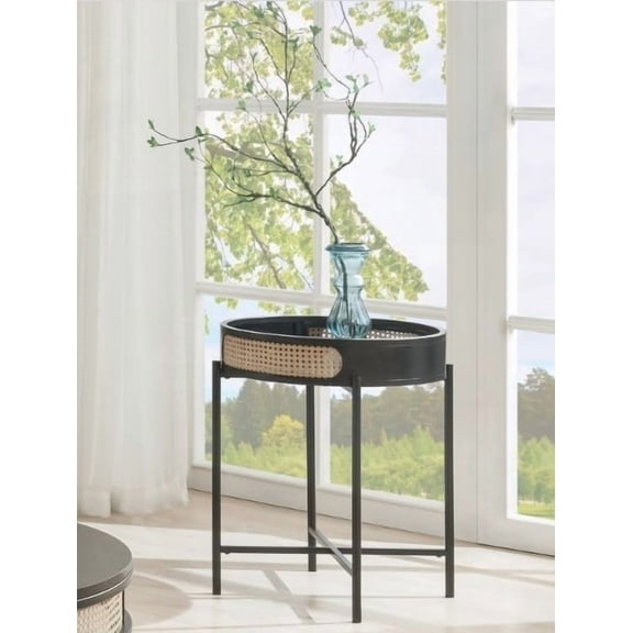Elegant Black Finish End Table with Wooden Top and Metal Legs