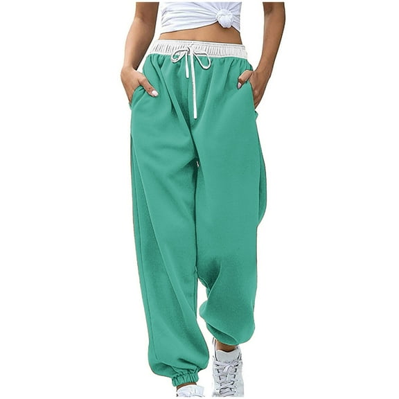 USNSM Women's Plus Size Pants High-Waisted Drawstring Ankle Banded Sweatpants Solid Color Jogging Trousers with Pockets Mint Green S