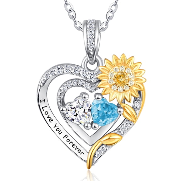TANGPOET Sterling Silver Heart Sunflower Pendant Jewelry Aquamarine CZ March April Birthstone Necklace Anniversary Gifts for Women
