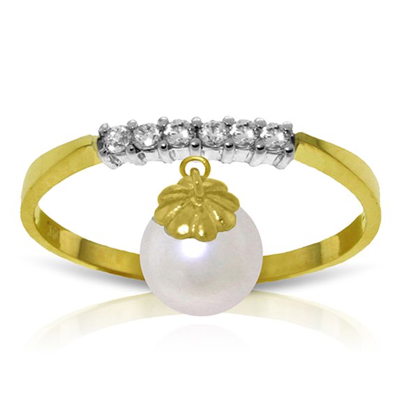 Galaxy Gold 14k Yellow Gold Genuine Diamonds and Cultured Freshwater Pearl Charm Ring - Size 10.5