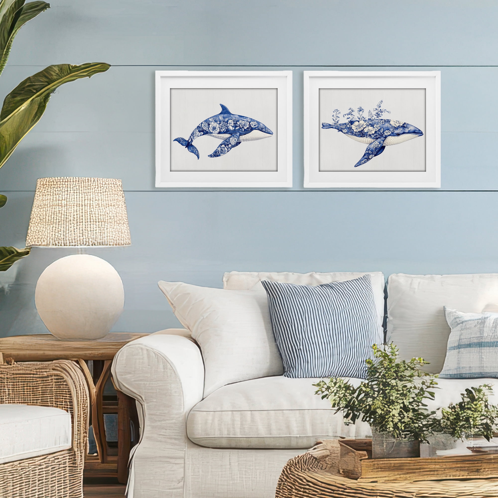 Blooming Toile Pattern Whales 2 Piece White Framed Print Under Glass Set, design by Lettered and Lined