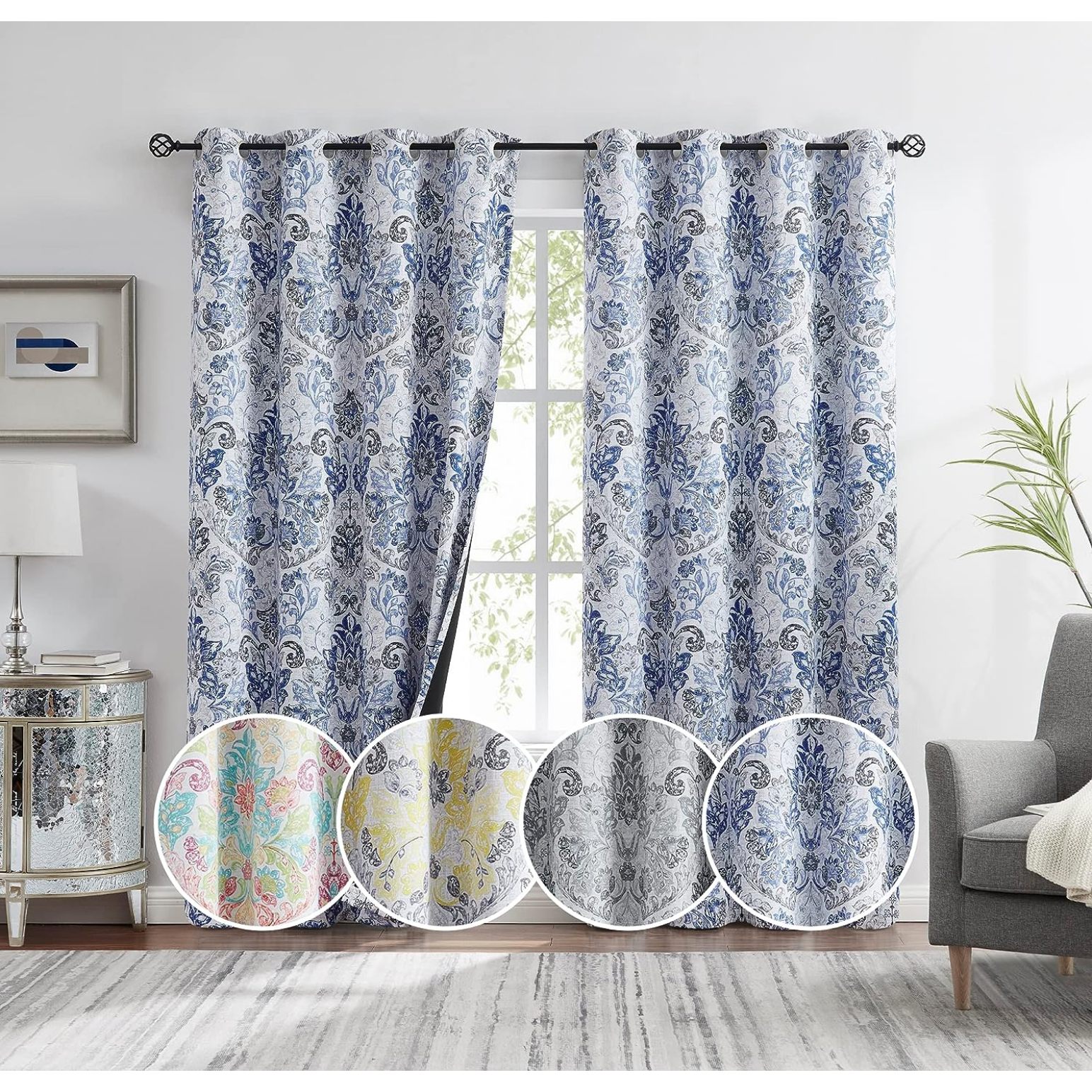 Omsix Blue Grey Damask Blackout Curtains 95 Inches, Floral Printed