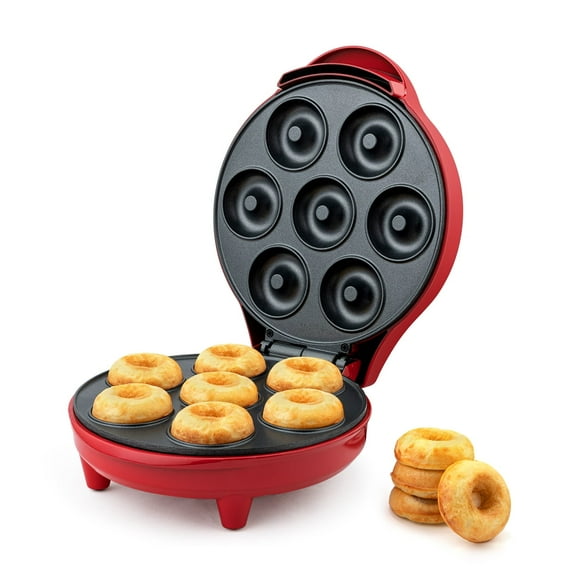 Holstein Housewares 7-Count Donut Maker, Non-Stick Donut Machine, Cool-Touch, Space-Saving Upright Storage, Red