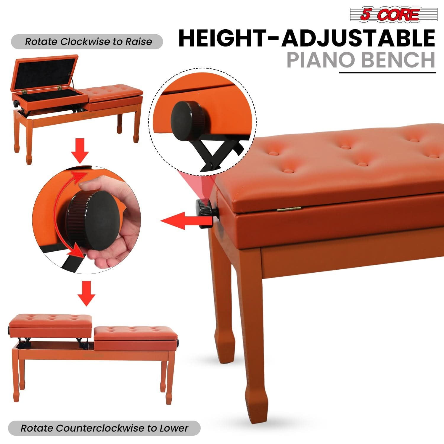 5 CORE Duet Piano Bench with Storage Thick Padded Cushion 3.5 Inch Adjustable Height Solid Wooden Double Keyboard Musician Seat with PU Leather Cushion Cherry Caramel Bro
