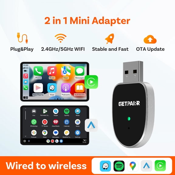 Geitpairr Wireless Carplay Adapter, 2 in 1 Apple CarPlay and Android Auto Adapter Convert Wired to Wireless Dongle for Apple Android, USB Plug and Play