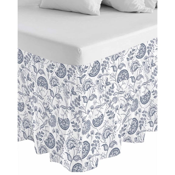 Pastoral Flowers Wrap Around Bed Skirts for California King Bed 18" Drop,Bed Skirt with Adjustable Elastic Belt Dust Ruffle Bed Valance for Bedroom Vintage Haze Blue Farmhouse Plant Bed Frame Cover