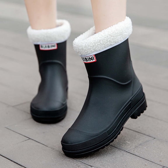 KANG Fashion Women's Mid-Calf Waterproof Rain Boots Winter Lined, Reinforced Edges Non- Rubber Boots Warm Outdoor Footwear Black 39