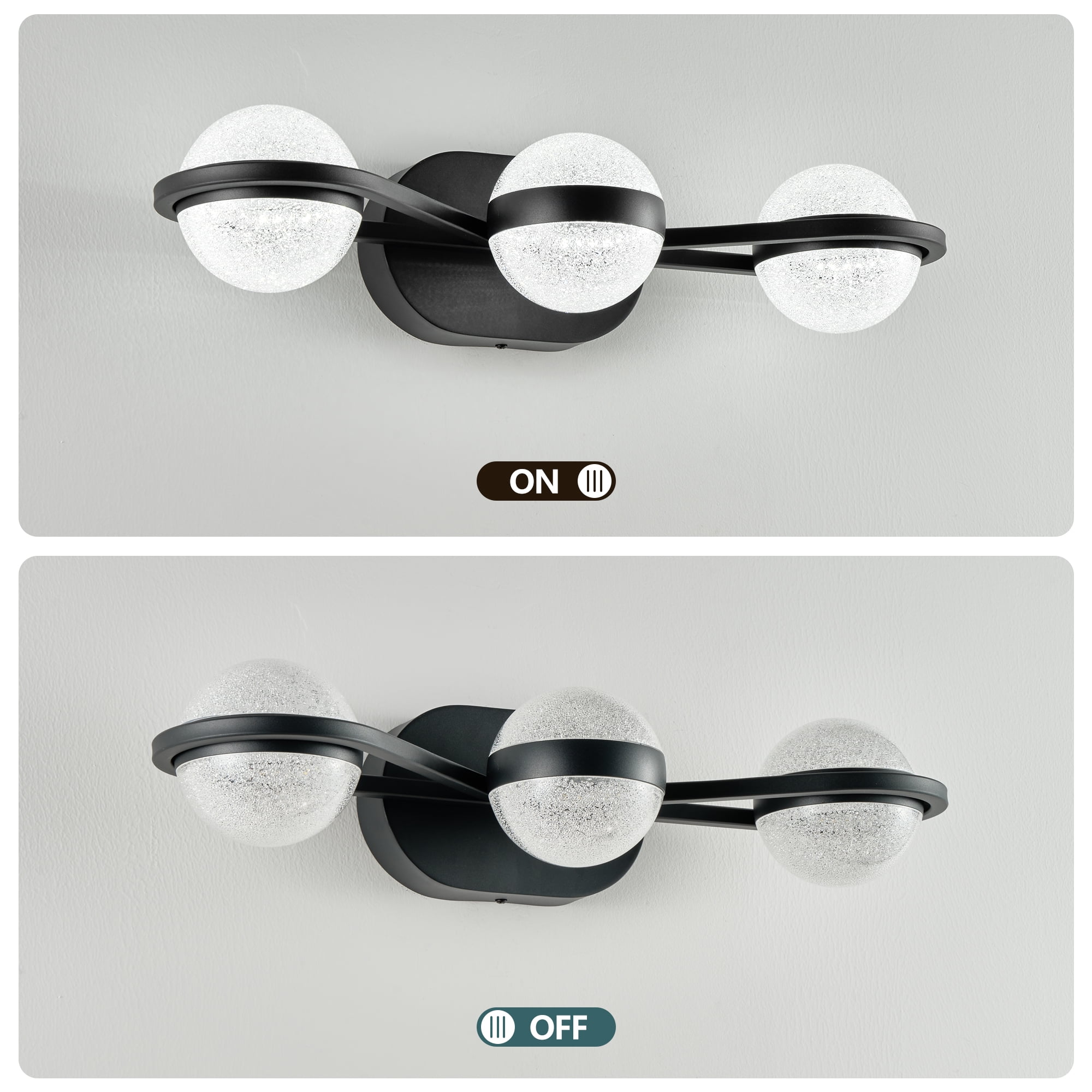 Bathroom Vanity Light, LED 3 Bulb Crystal Sand Acrylic Shades, Wall Mounted Decorative Lighting Fixture, Suitable for Bathroom Vanity Mirror (Black)