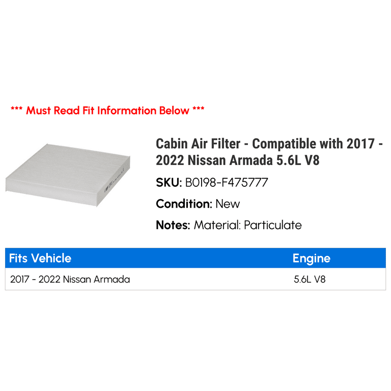 Cabin Air Filter Compatible with 2017 2022 Nissan Armada 5.6L