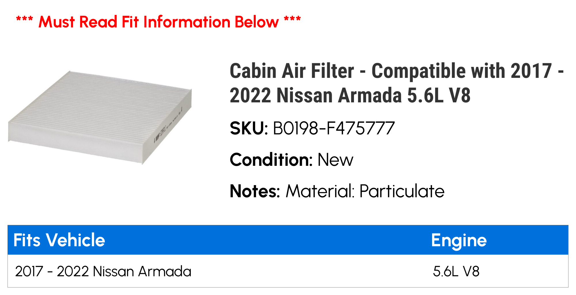 Cabin Air Filter For Nissan Armada Titan NV2500/3500, Infiniti QX56 – 2-Pack