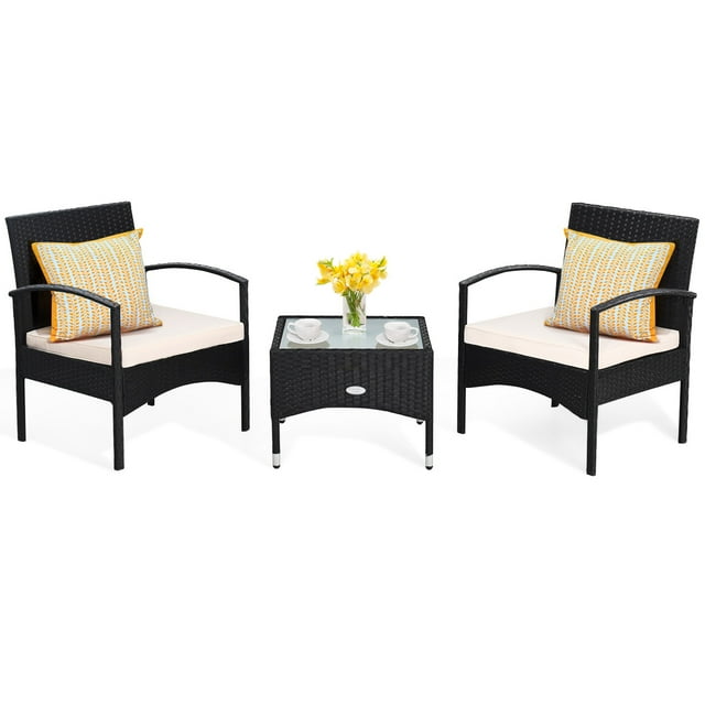 Patiojoy Ensemble Bistro de 3 Pcs en Rotin pour Patio avec Chaises Coussinées et Table d'Appoint Mobilier Classique Fauteuil Simple Coussin Épais pour Jardin Blanc